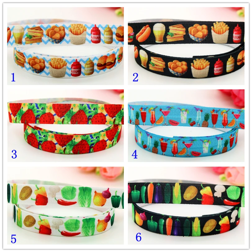 

5/8'' Free shipping Fold Elastic FOE Hamburger vegetable strawberry printed headband headwear diy decoration wholesale OEM D546