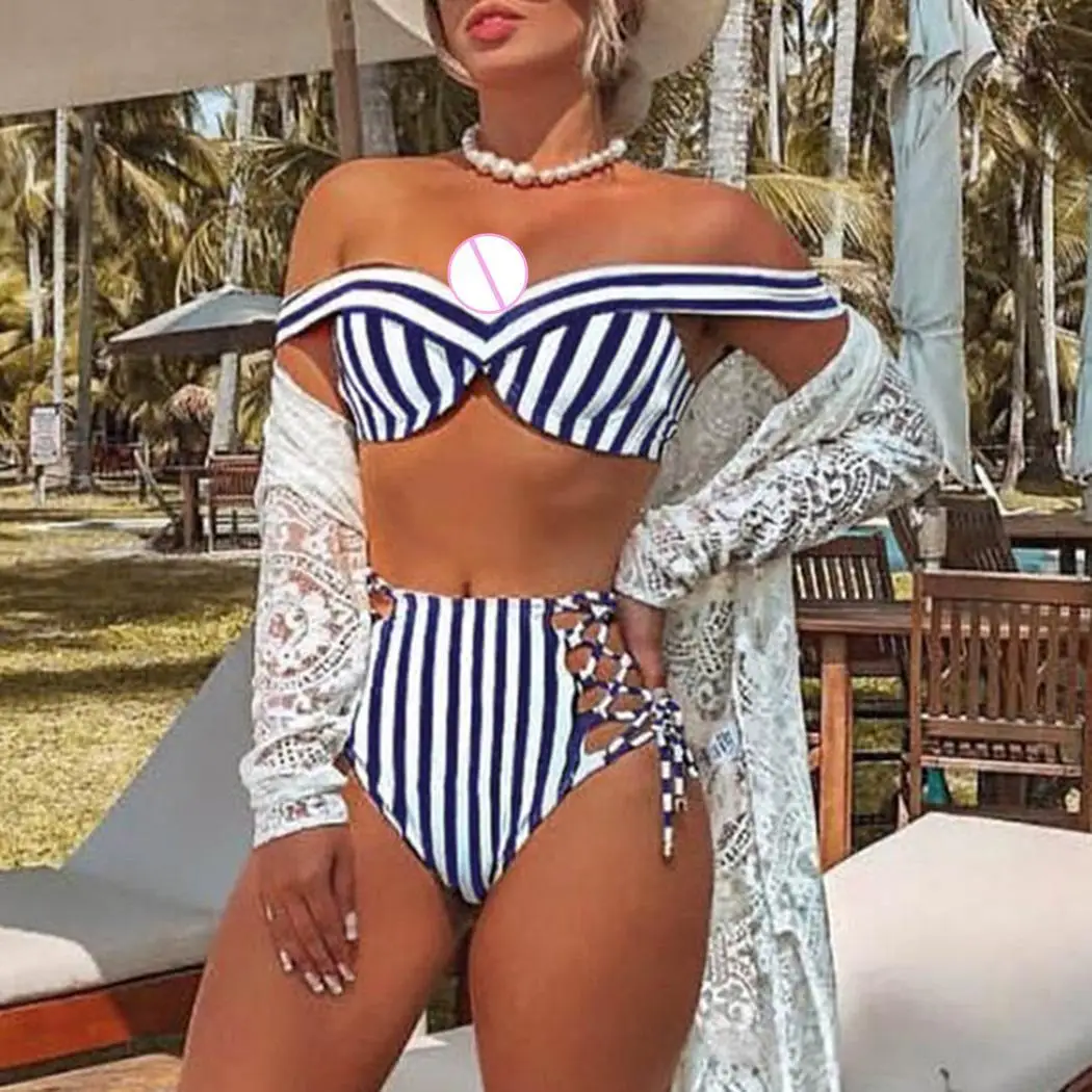 Women Summer Sexy Swimsuit Push Up Bikini Set Bathing Beachwear Elastic Striped Bottom Side Lace Swimwear |