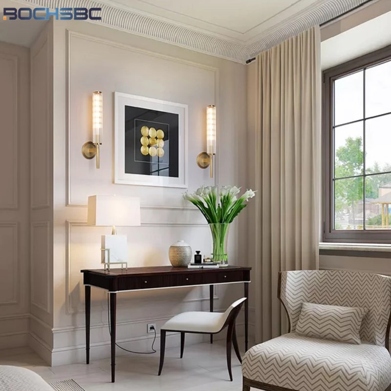 

BOCHSBC 2019 Decorative Background Torch Crystal Copper Art Wall Lamp Modern Style LED Gold Loft Brief Light Candlestick Lamps