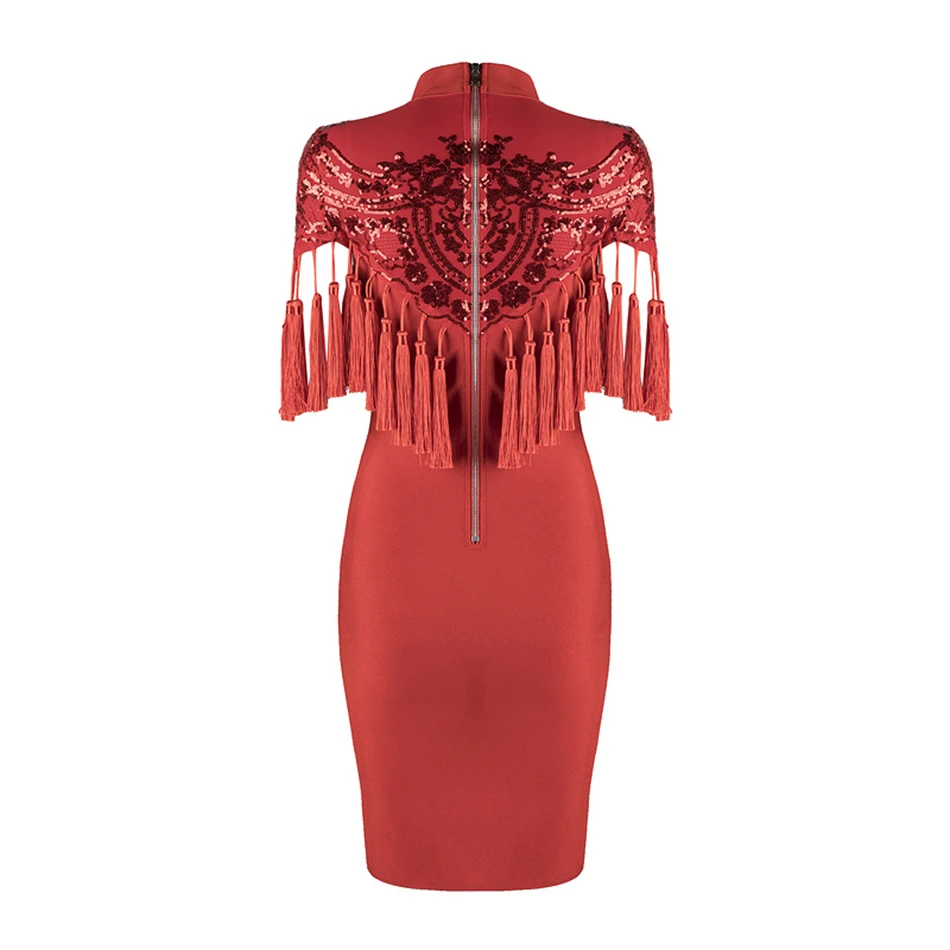 2018 Winter new women dress long sleeve o neck bandage sexy bodycon tassel chic celebrity party dresses vestidos wholesale | Женская