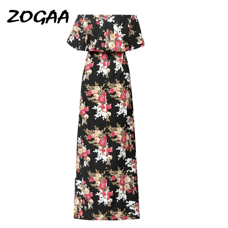 

ZOGAA Women Boho Black Long Dress Off Shoulder Summer Beach Dress Floral Print Vintage Flower Maxi Dress Vestido De Festa 2019
