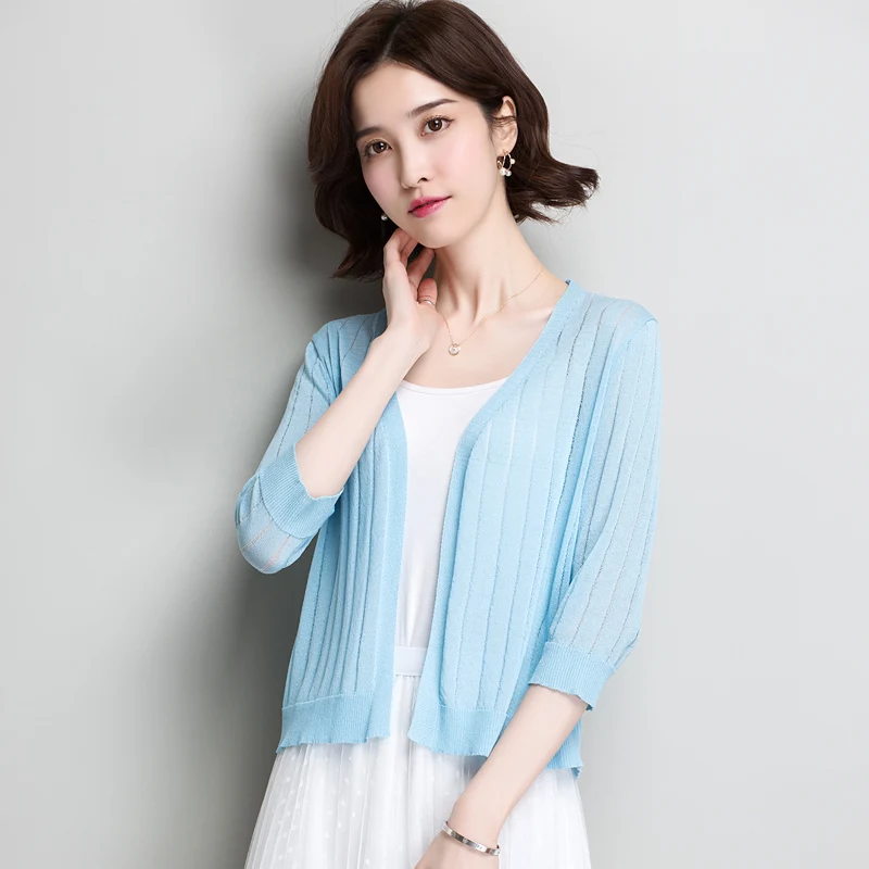 

New Arrival summer spring ladies hollow knitwear elegant female solid color thin knit cardigan