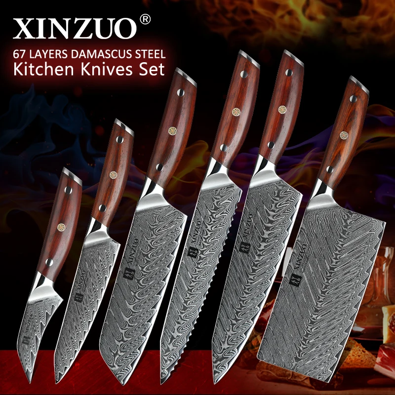 XINZUO 6 шт. кухонные ножи, кухонные наборы, японские Дамасские Стальные Кухонные ножи, нож для нарезки хлеба Santoku