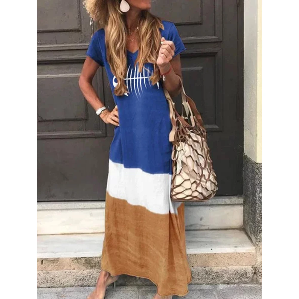 Ретро с v-образным вырезом Макси платье богемский лоскут градиент сарафан рыбий