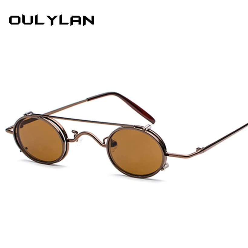 Oulylan Small Round STEAMPUNK Sunglasses for Men Retro Vintage Metal Punk Clip on Sun Glasses Male Gift Small Oval Eyewear UV400