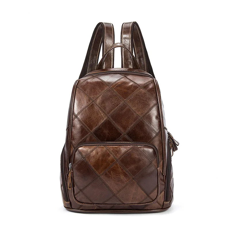 Women Backpack Genuine Leather Laptop Backpack For Teenages Girls High Quality Geometric Vintage School Travel Backpack Mochila