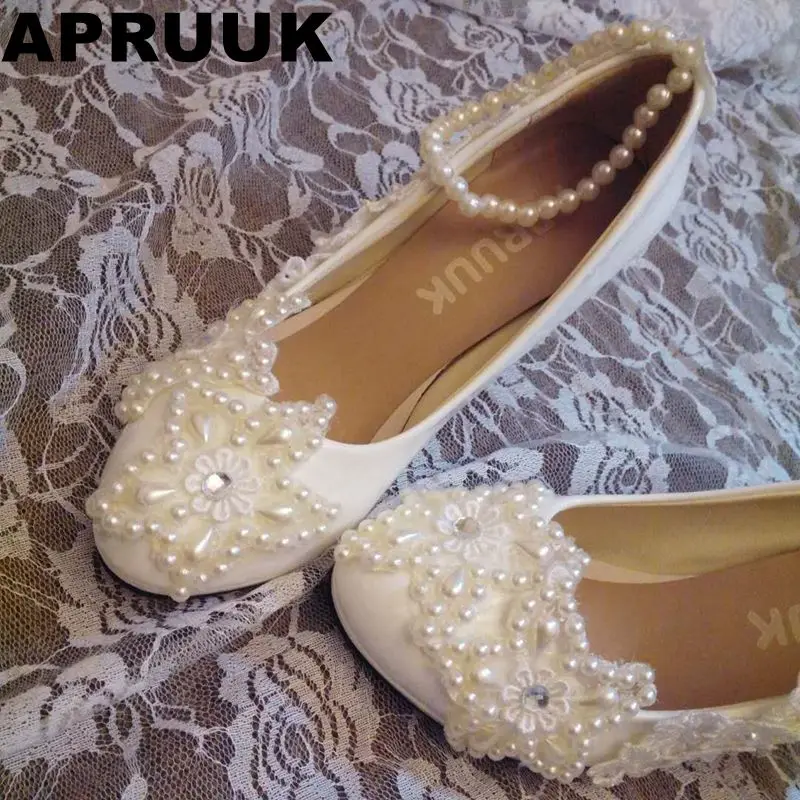 

Platforms super high heels white wedding shoes women sweet handmade lace pearls brides bridesmaid party pumps shoes