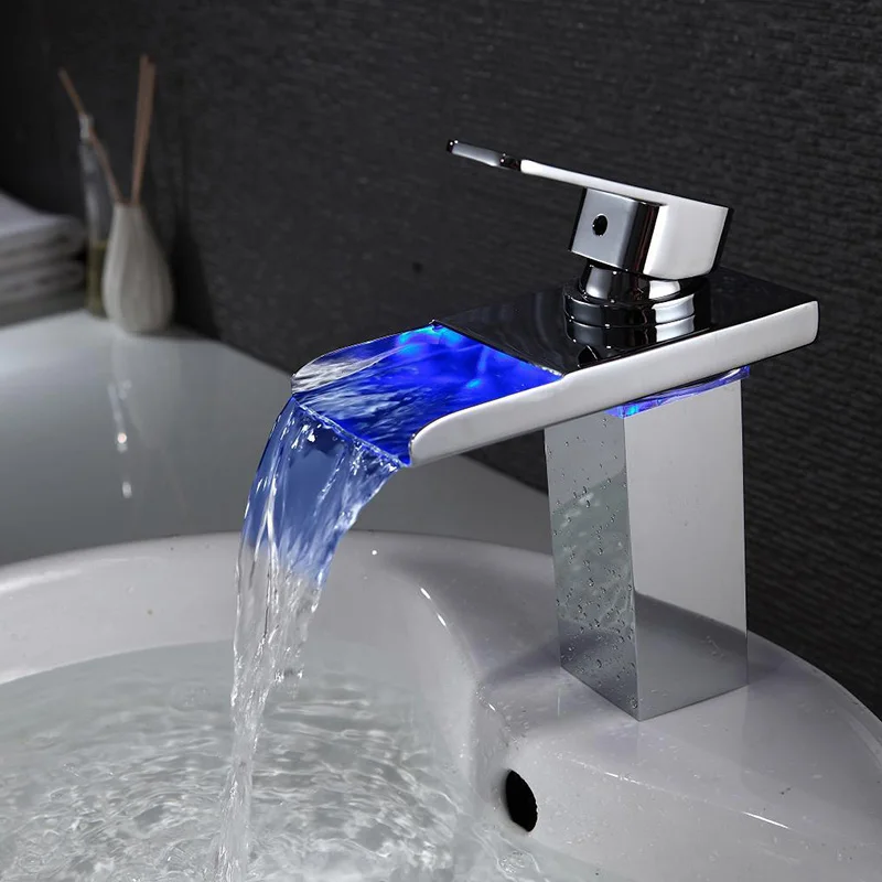 Dokorona LED Light Bathroom Waterfall Led Faucet Glass Wash Basin Mixer Tap Deck Mounted Single Handle | Обустройство дома