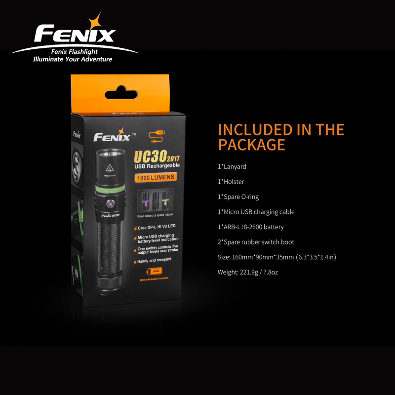 1000 люмен фонарик Fenix UC30 2017 Cree XP-L HI V3 светодиодный перезаряжаемый Micro USB с батареей