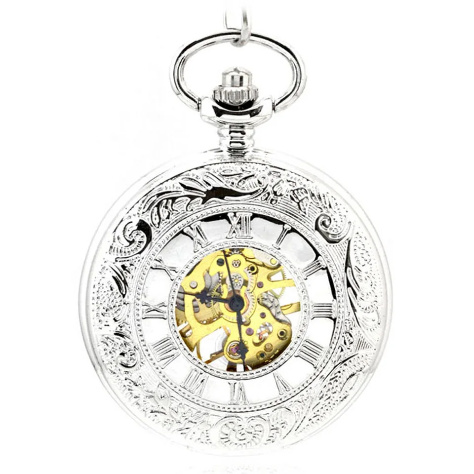 

WOONUN Luxury Brand Pocket Watch Fashion Silver Skeleton Mechanical Hand Wind Pocket Watches Men Women Chain Necklace Fob Watch