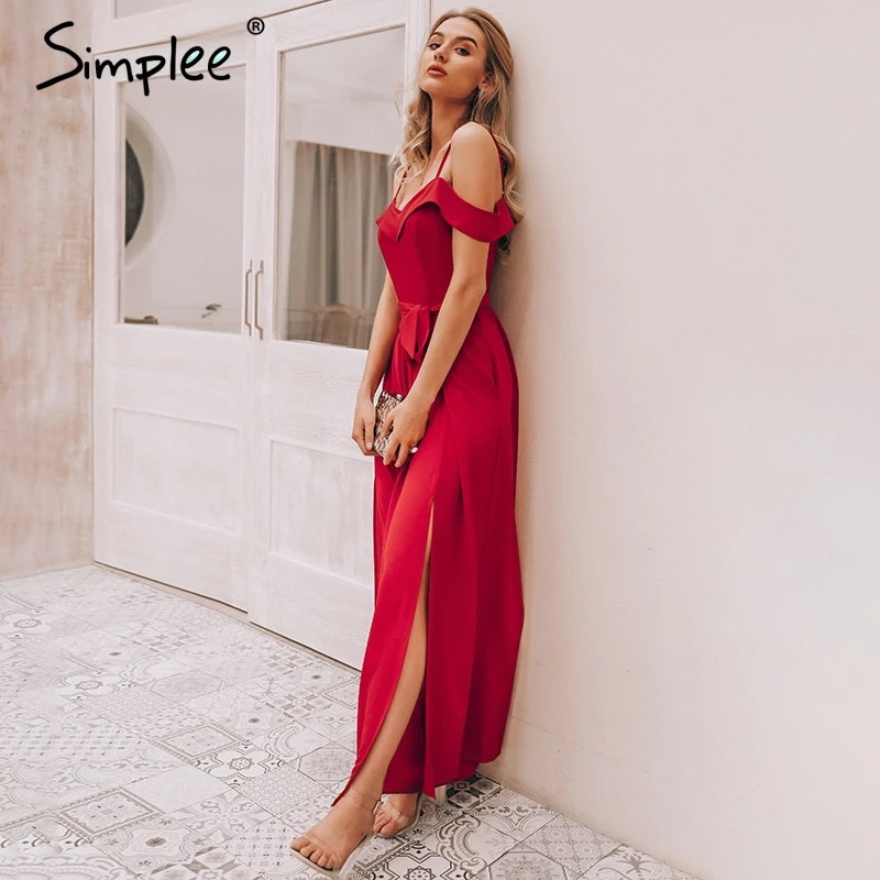 Женский красный комбинезон Simplee длинный мягкий с высокой талией открытыми