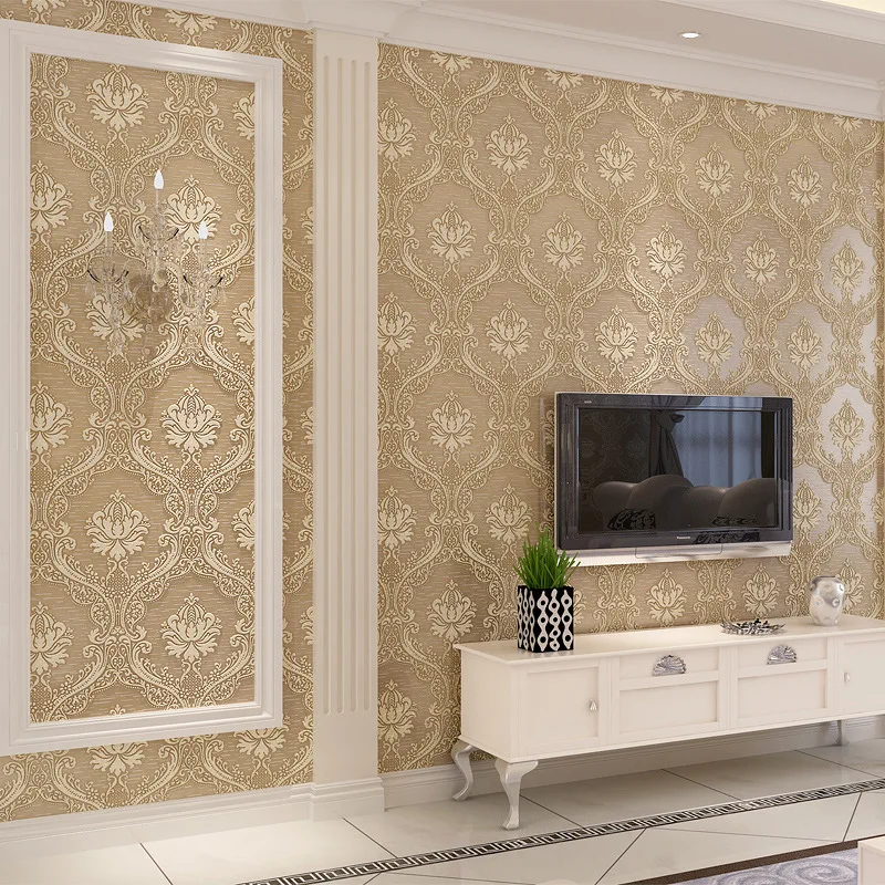 

High quality Contracted Europe type Non-woven Damascus bedroom living room wallpaper cloth flocking 3D TV background wallpaper