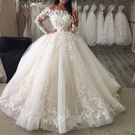 

New Lace Ball Gown Boat Neck Organza Appliqued Dubai Saudi Muslim Arabic Wedding Dress Boho Sofuge Vestido De Noiva