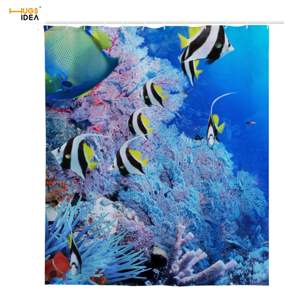 Занавеска для душа HUGSIDEA с 3D рисунком тропических рыбок утолщенная