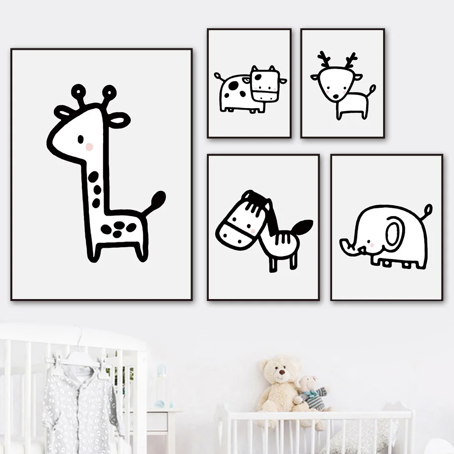 

Cartoon Giraffe Horse Cow Deer Elephant Wall Art Canvas Painting Nordic Posters And Prints Animals Wall Pictures Kids Room Decor