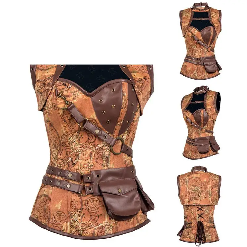 2017 коричневый/черный/красный Сталь костей Корсеты и бюстье стимпанк костюм Для
