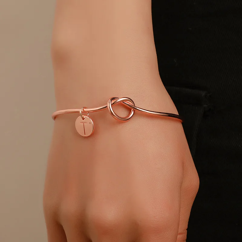 

Simple Alphabet Letter A B C D E etc Knot Silver Plated Opening Adjustable Bangles for Women