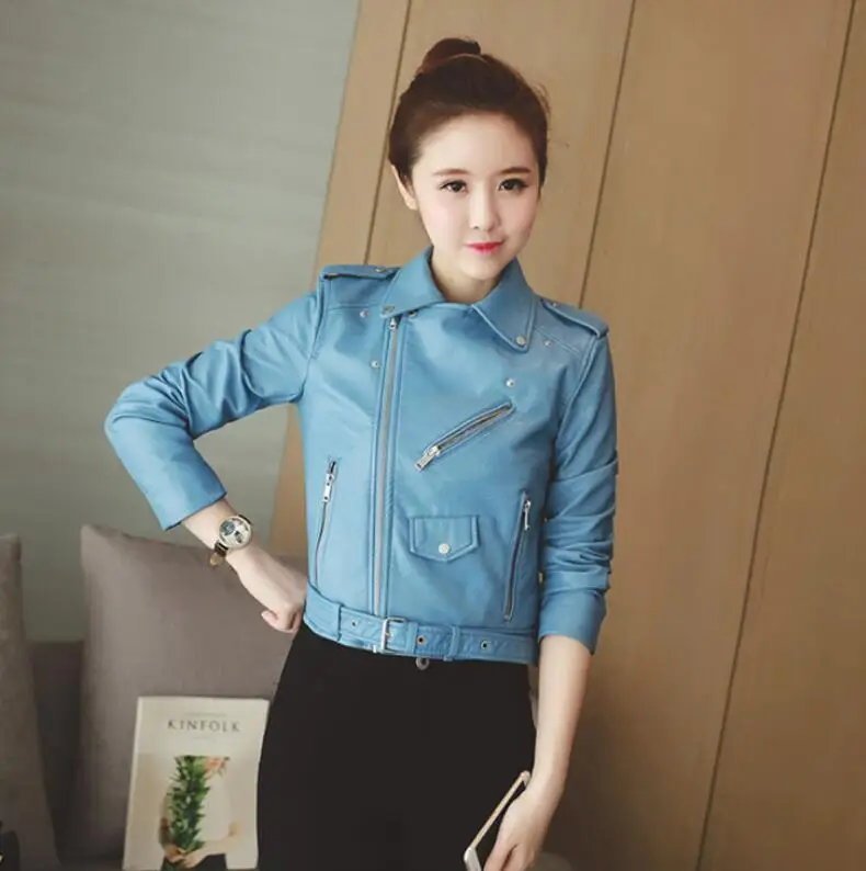 Новинка Осень зима 2019 женская кожаная приталенная мотоциклетная куртка короткая
