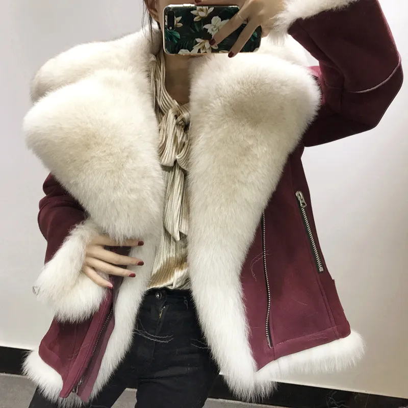 

Женское двухстороннее мотоциклетное пальто с воротником из лисьего меха, зимняя теплая приталенная короткая верхняя одежда на молнии