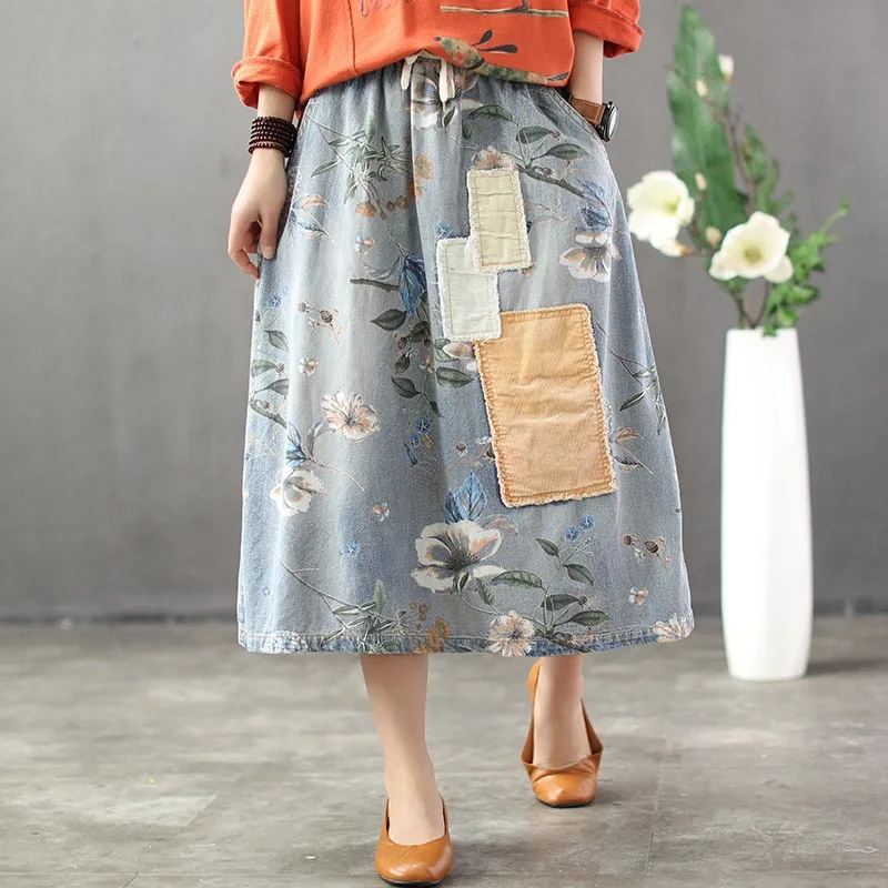 

8905 summer national style retro wash women denim skirt female large size raw edge square patch large size skirts long girl