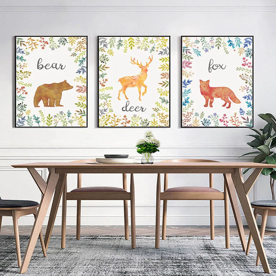 Художественный холст постер акварельный олень медведь лиса Скандинавская