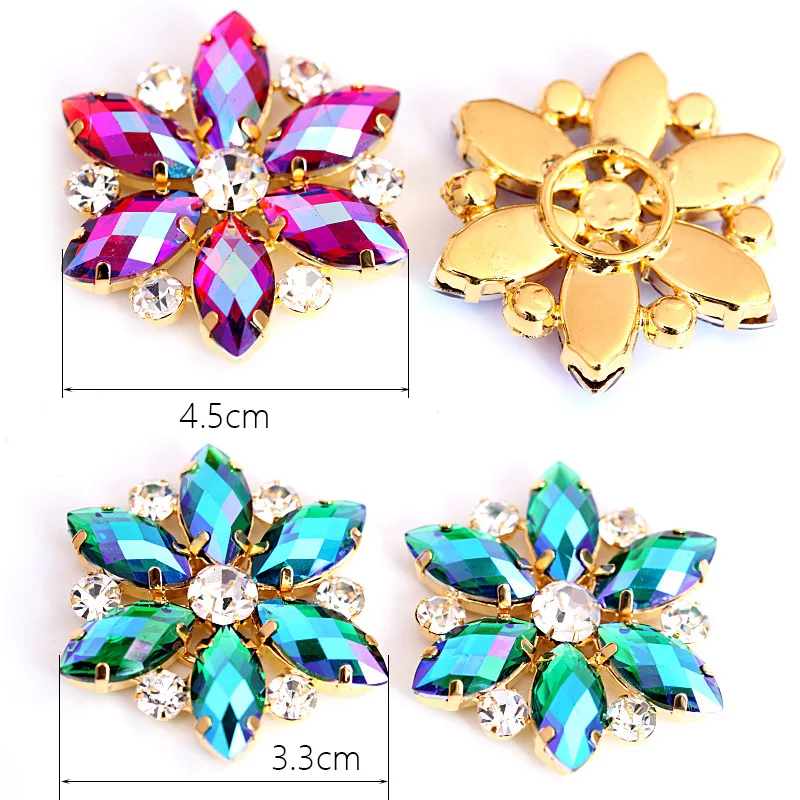 3.5x3.5cm Crystal AB Navette Round Sewing On Rhinestone Applique 1 Pcs Gold Base Sew Rhinestones Wedding Dress B0988 | Дом и сад