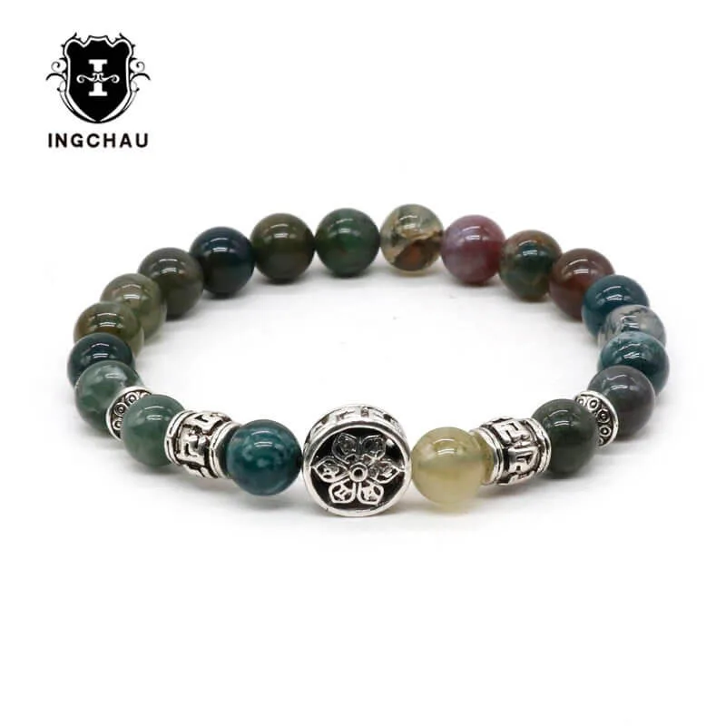 India Onyx LM Тибетский античный посеребренный буддизм шесть слов мантра браслет с цветком лотоса для мужчин натуральный индийский оникс мала браслеты Йога ювелирные изделия BD-13 - Окраска металла: India Onyx LM