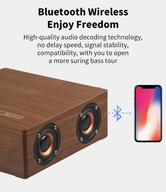 LEORY Портативный hifi беспроводной bluetooth динамик деревянный бас будильник Soundbar, сабвуфер стерео динамик для телефона ПК