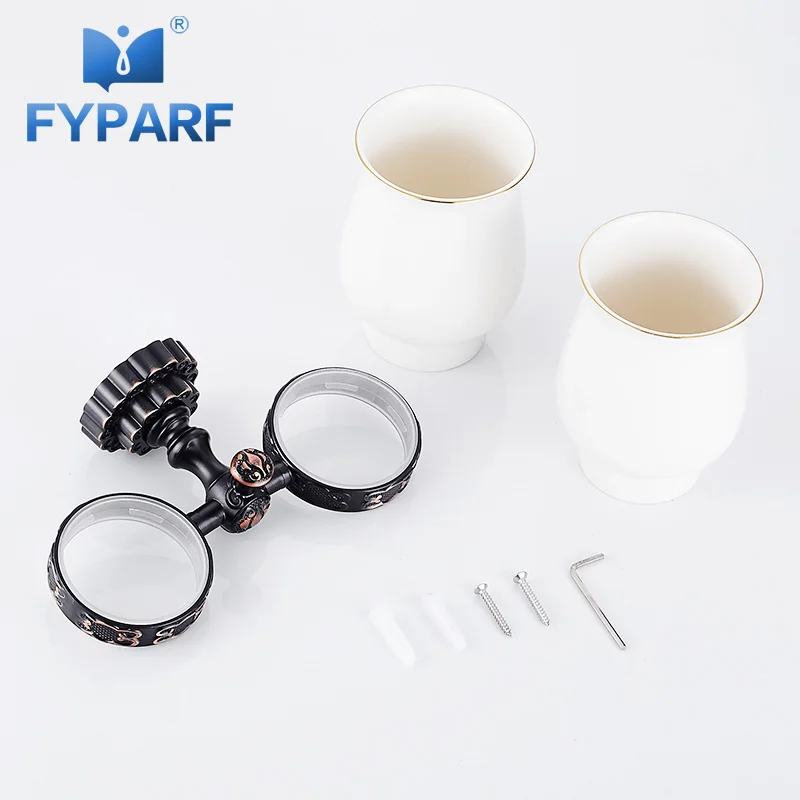 

FYPARF Bathroom Cup Holder Solid Brass Art Carved Ceramic Cup Toothbrush Holder Bath Hardware Set Bath Product Double Cup Holder