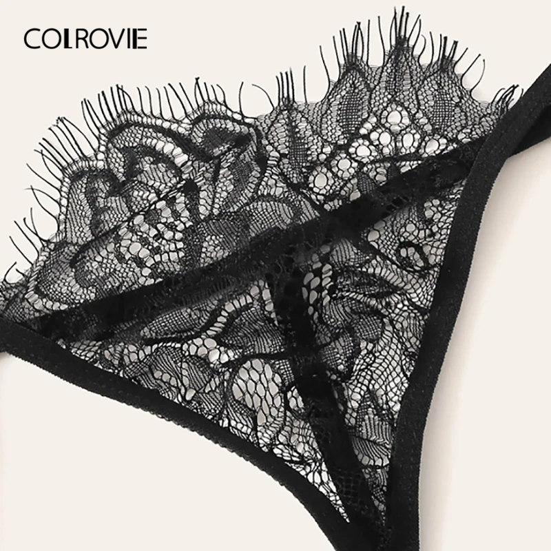 COLROVIE, черный кружевной комплект нижнего белья с подвязками и цветами, женское нижнее белье,, сексуальные комплекты, беспроводной бюстгальтер и стринги, комплект нижнего белья