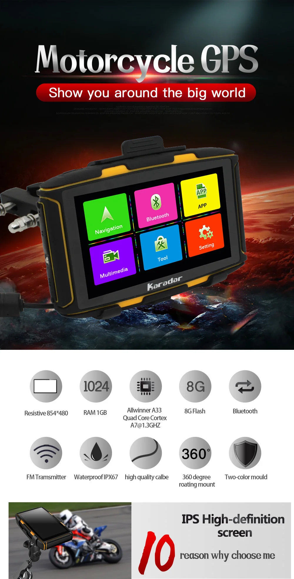 KARADAR Водонепроницаемый IPX6 Автомобильный gps навигатор 1 г ram Bluetooth 4,0 wifi ips 854*480 экран Android 4.4.3 загружен google APP