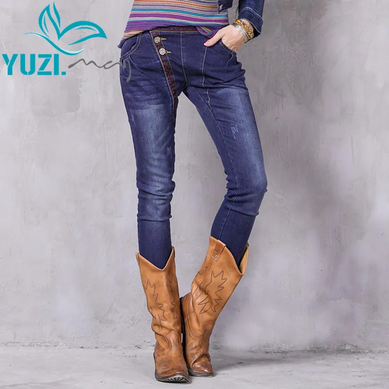 Для женщин джинсы 2017 Yuzi. Может Boho новые джинсовые шаровары цветочный Emroidery Винтаж