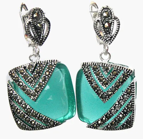 

Natural Green Opal Cat Eye Stone 925 Silver & Marcasite Earrings 1" 5.6