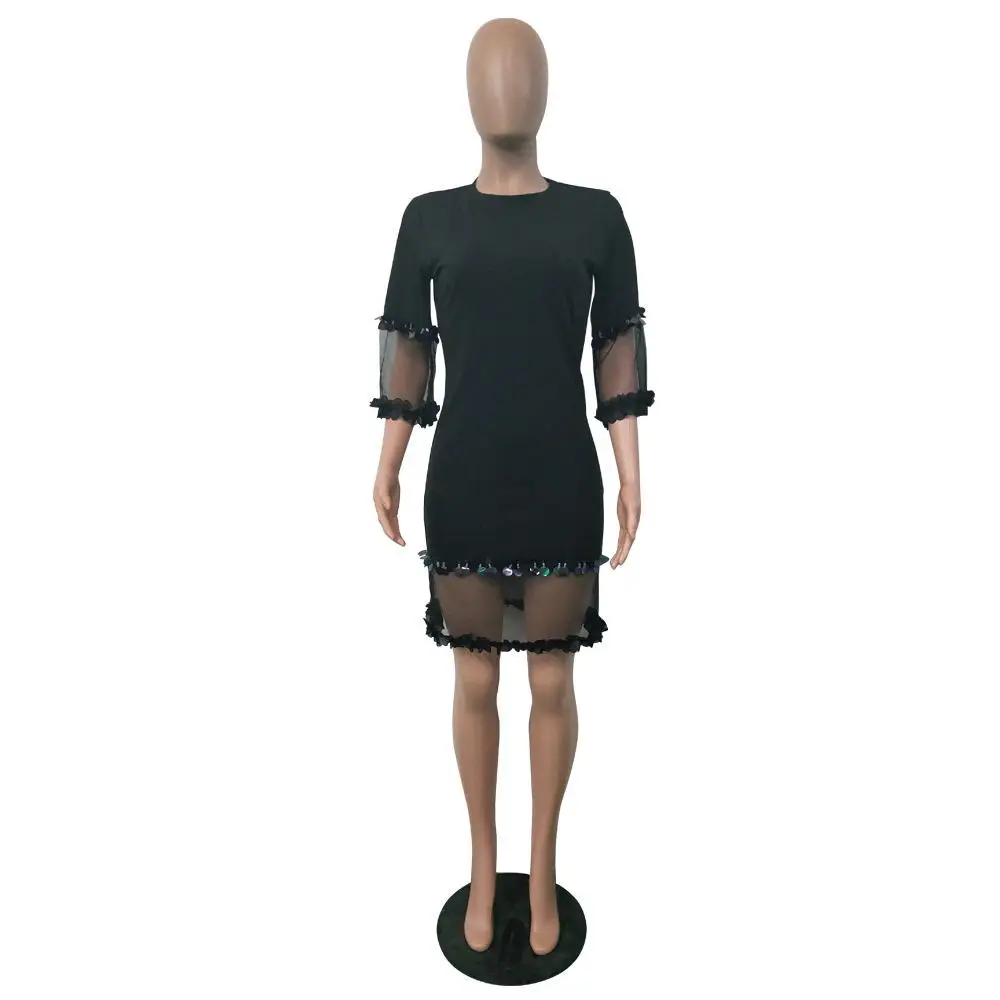 2018 Black Mesh сращивания Видеть Сквозь Сексуальное Платье Лето Половина рукава Laciness