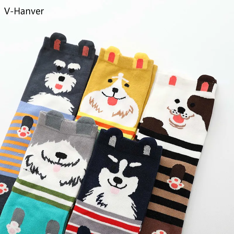 V Hanver новый дизайн хлопковые полосатые носки для женщин милые животные шнауцер