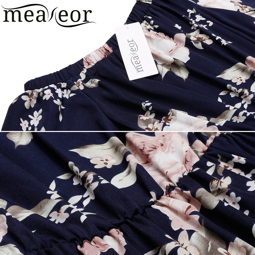 Meaneor Women Casual Slash Neck Off Shoulder Short Sleeve Dress Floral Prints A-Line Pleated Hem 2018 Summer New Ladies Dresses | Женская