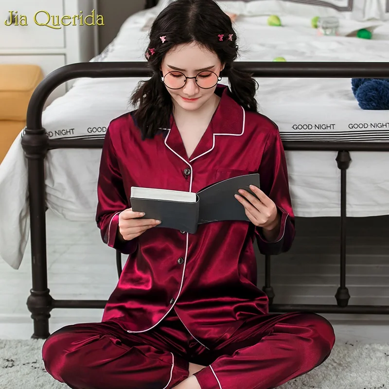 Christmas Red Satin Pajamas Women Plus Size Luxury Home Clothes Solid Long Sleeve Silk Pajama Set Cardigan Autumn | Женская одежда