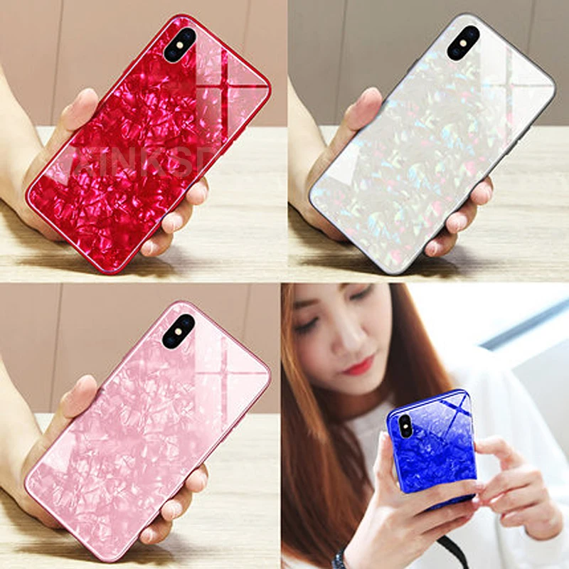 Fashion Tempered Glass Conch Shell Phone Case For iPhone X 6 6s 7 8 Plus Glossy Hard Back Soft Edge Shockproof Protect |