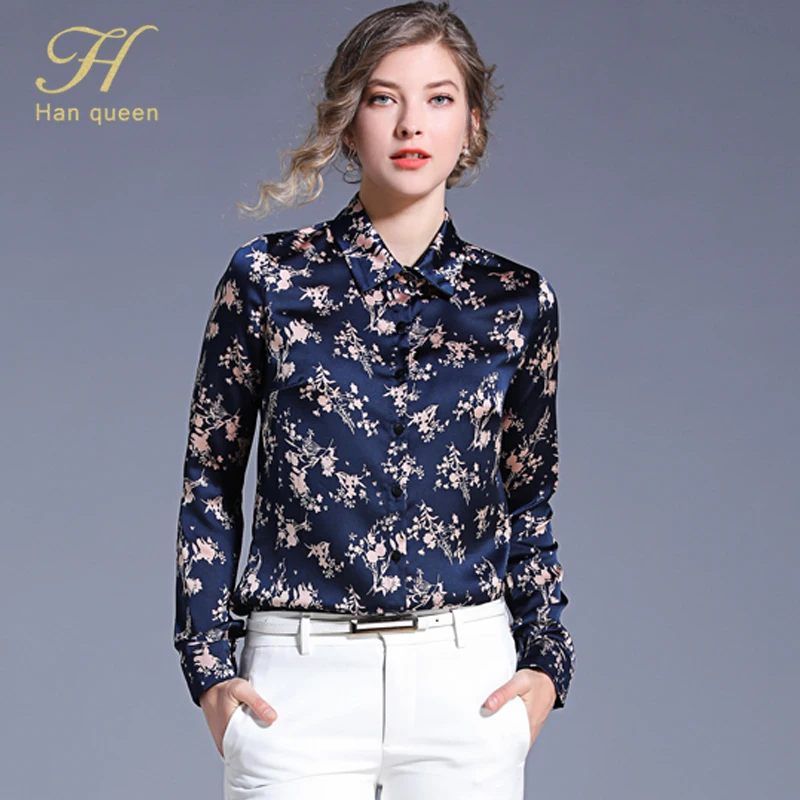 H han queen Blusas шифоновая блузка с длинным рукавом Женские топы и блузки размера плюс с длинным рукавом Свободная Повседневная рубашка с принтом для работы