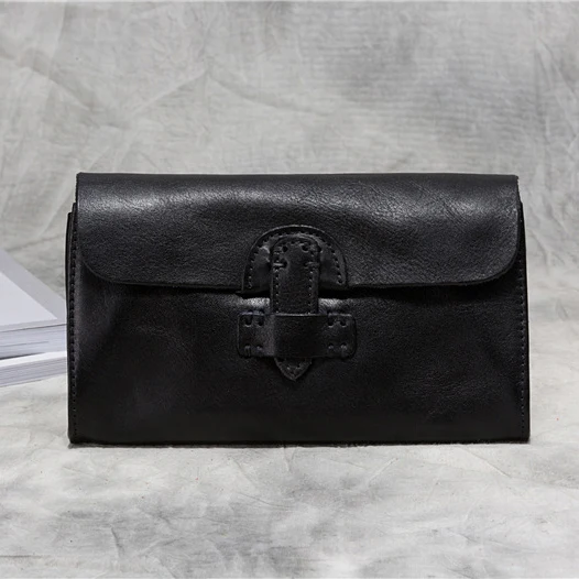 Black SIMLINE кошелек из натуральной кожи для женщин и мужчин, Воловья кожа, винтажный Повседневный длинный клатч ручной работы, кошельки, кошелек, клатчи для мужчин и женщин - Цвет: Black