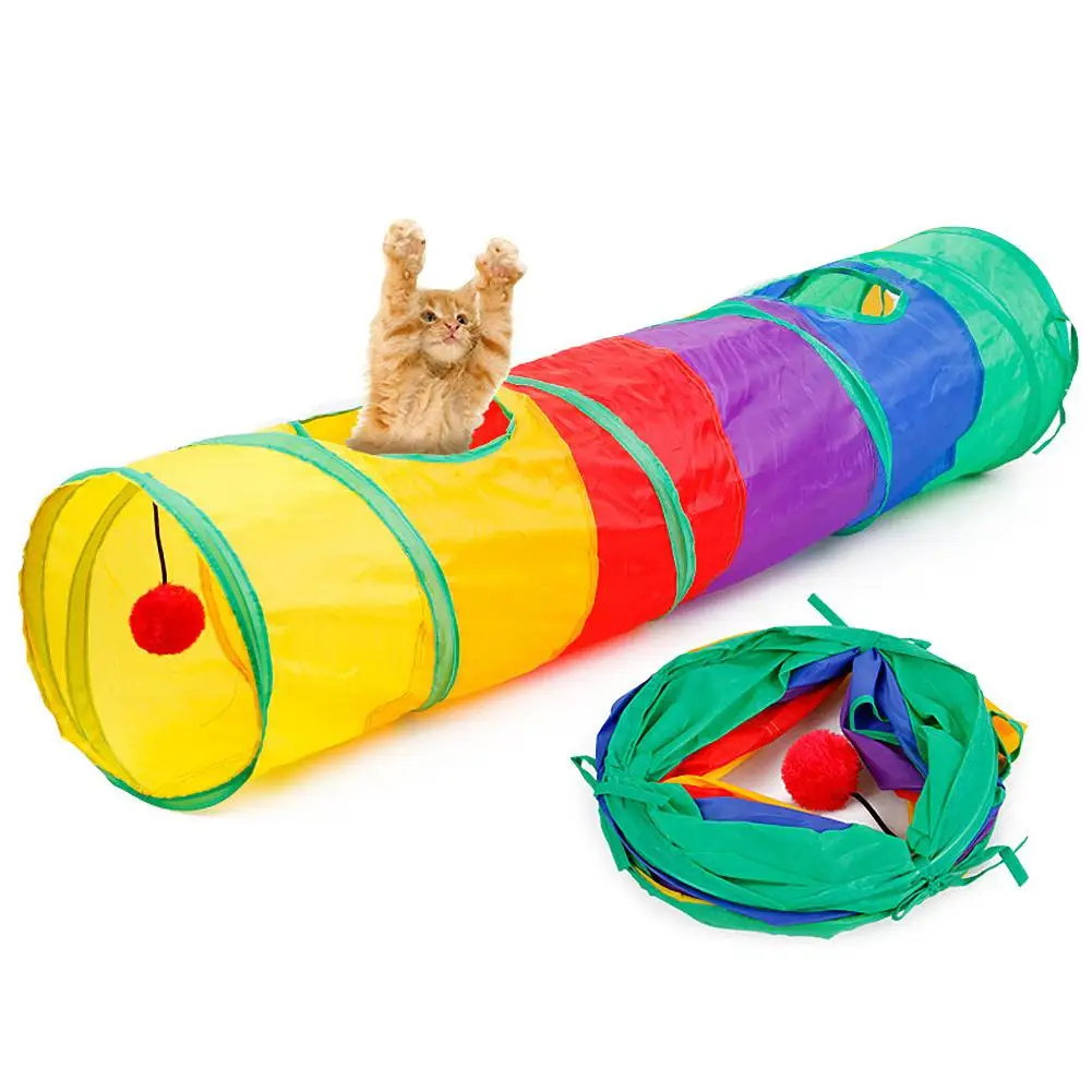 

Rainbow Pet Cat Kitten Collapsible 2 Holes Tunnel Toy Playing Tube with Ball