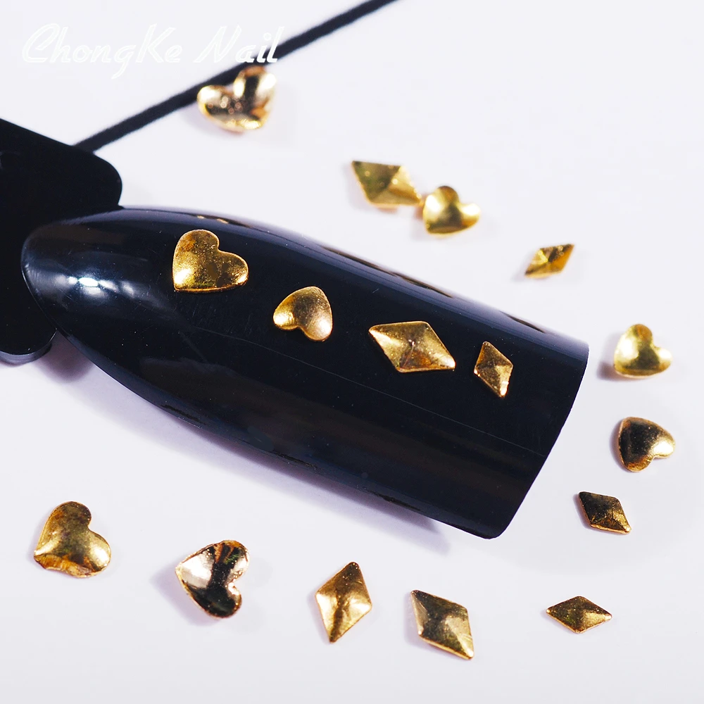 500pcs/Pack 3D Golden Glossy Rhombus Heart-shaped Rivet Nail Studs DIY Metal Thin slice Manicure Decoration Accessories | Красота и