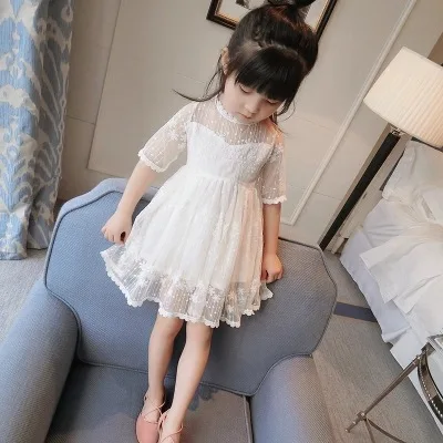 2019 new Korean girls dress lace princess style children's gauze Knee-Length Lace Solid | Детская одежда и обувь