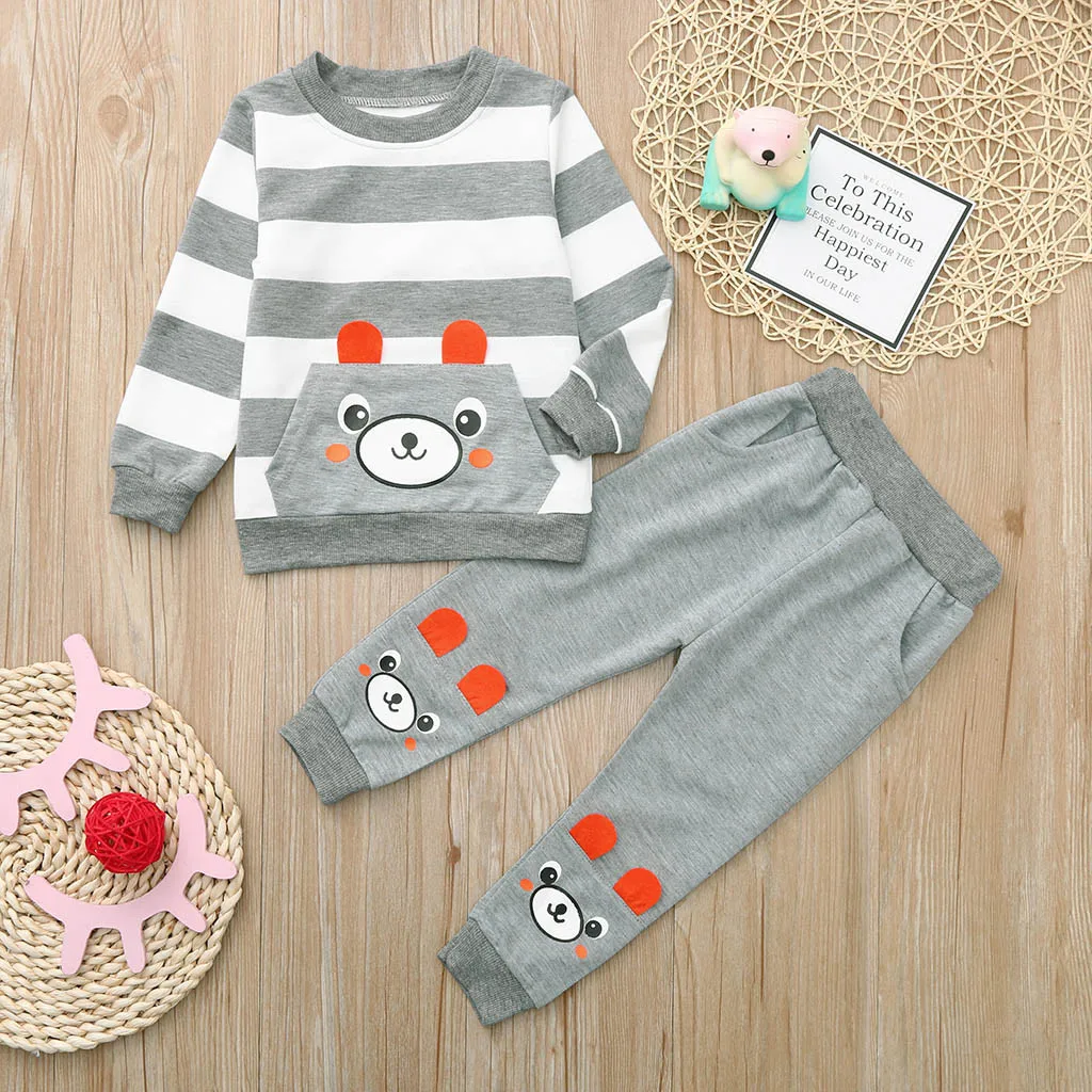 Toddler Kids Baby Boy Cartoon Striped Bear Printed Tops Pants Outfits Set | Детская одежда и обувь