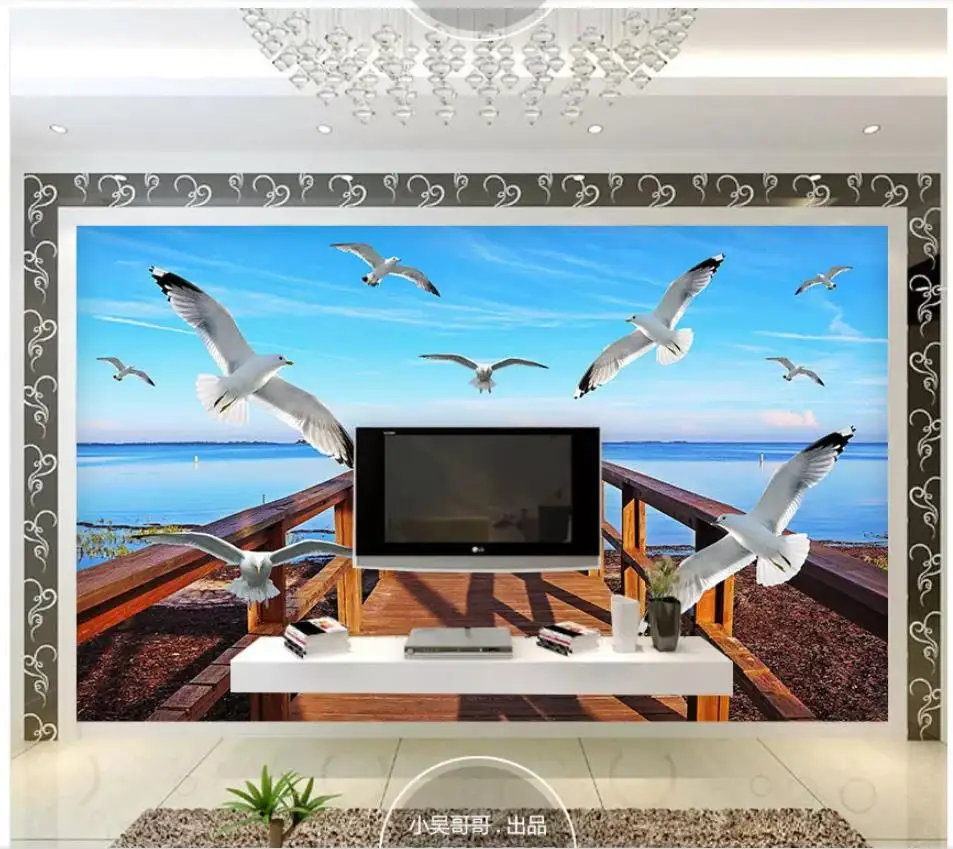 Пользовательские фото обои 3d для стен 3 d Приморское небо деревянный мост Чайка