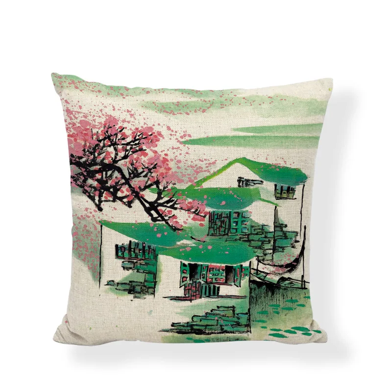 Watercolor Chinese Ancient Town Building Cushion Covers 45 cm Swallow Boat Willow Home Living Room Sofa Decorative Pillow Cases | Дом и сад