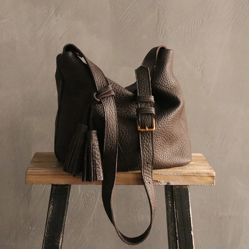 WOONAM Full Grain Genuine Calf Leather Tassels Large Hobo Shoulder Bag Cross-body Satchel WB582 | Багаж и сумки