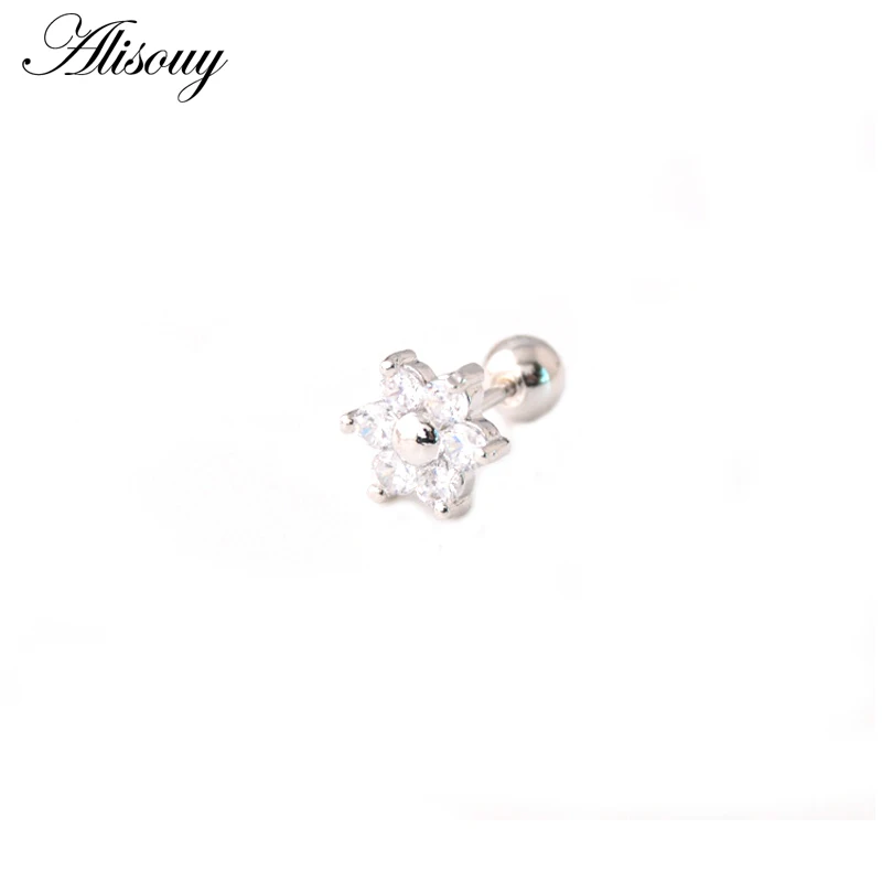 Silver Alisouy 1 шт. 316l хирургическая сталь прозрачный драгоценный камень циркон цветок уха Tragus Бар серьги, Надеваемые На ушной хрящ шпильки пирсинг девушка ювелирные изделия - Окраска металла: Silver
