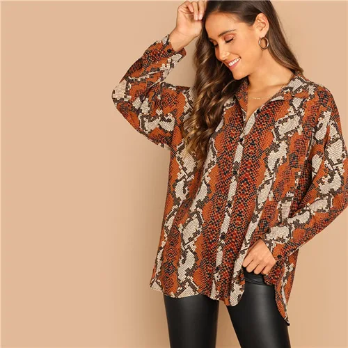 Multicolor Sheinside Oversized Snake Print Women Blouse Shirt Autumn Long Sleeve Top Female OL Work Casual Womens Tops And Blouses - Цвет: Multicolor