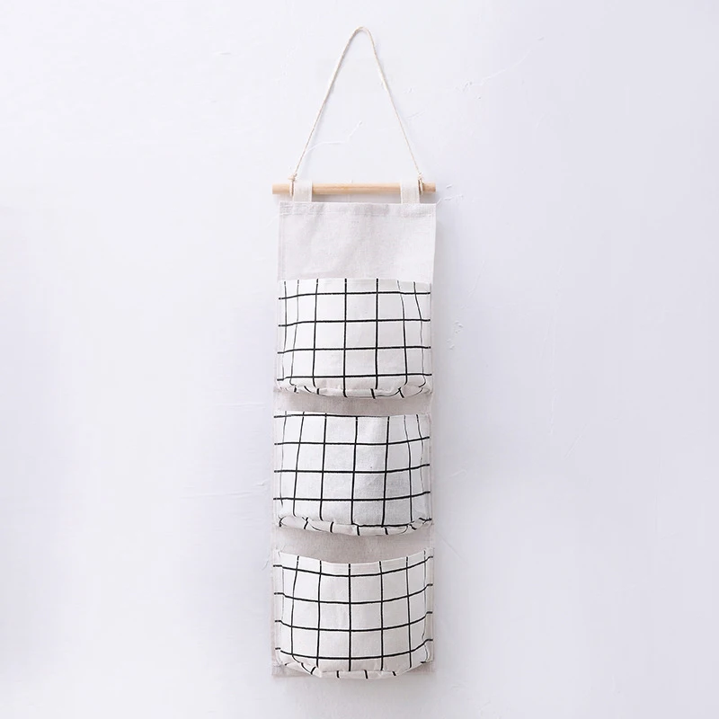 Grid Cotton Linen Hanging Storage Bag 3 Pockets Wall Mounted Wardrobe Hang Bathroom Organizer Cosmetic Toy | Дом и сад